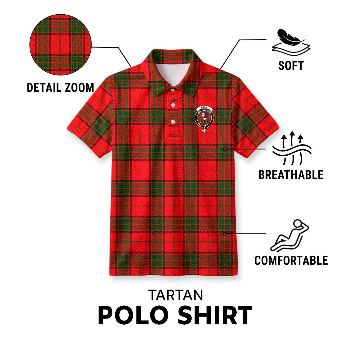 Adair Modern Tartan Crest Birdseye Mesh Polo Shirt