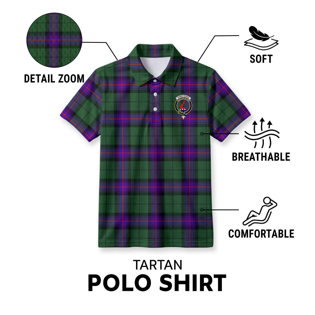 Armstrong Modern Tartan Crest Birdseye Mesh Polo Shirt