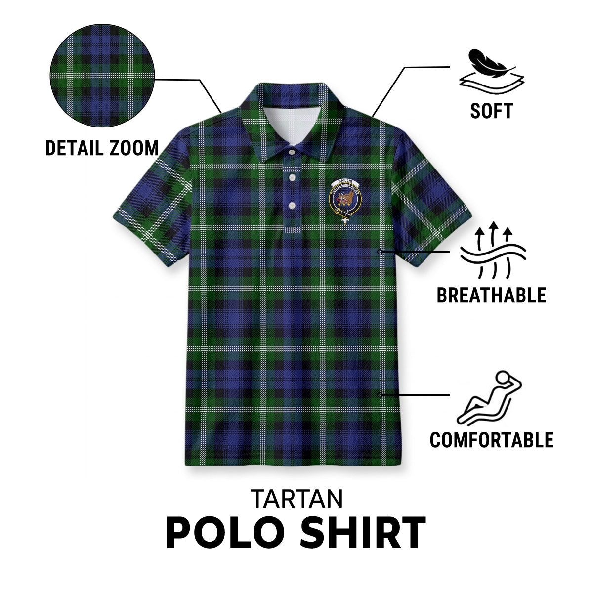 Baillie Modern Tartan Crest Birdseye Mesh Polo Shirt