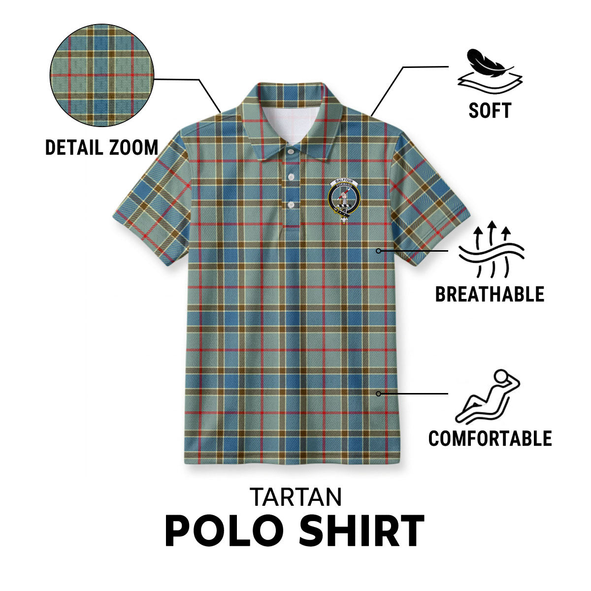 Balfour Blue Tartan Crest Birdseye Mesh Polo Shirt