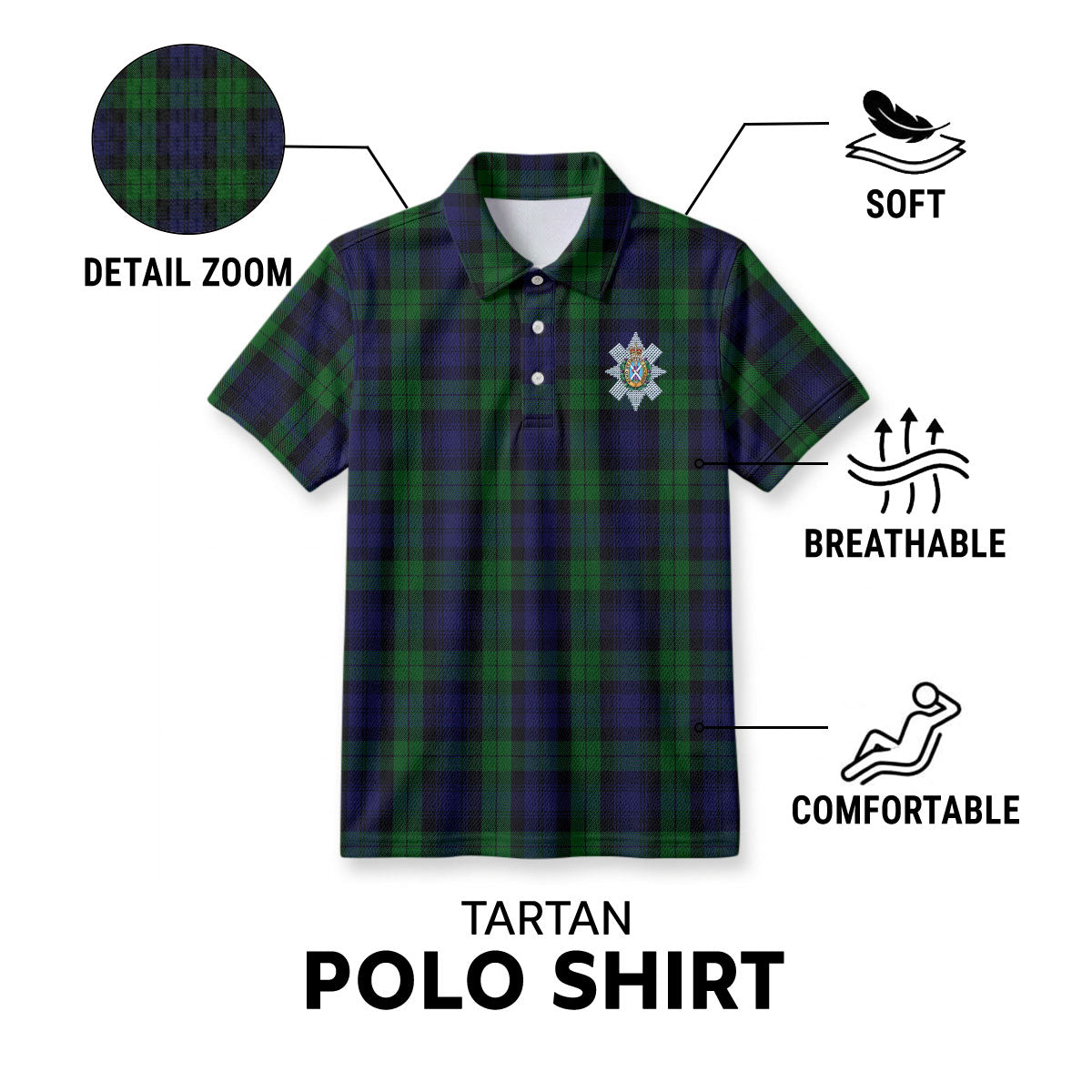 Black Watch Tartan Crest Birdseye Mesh Polo Shirt