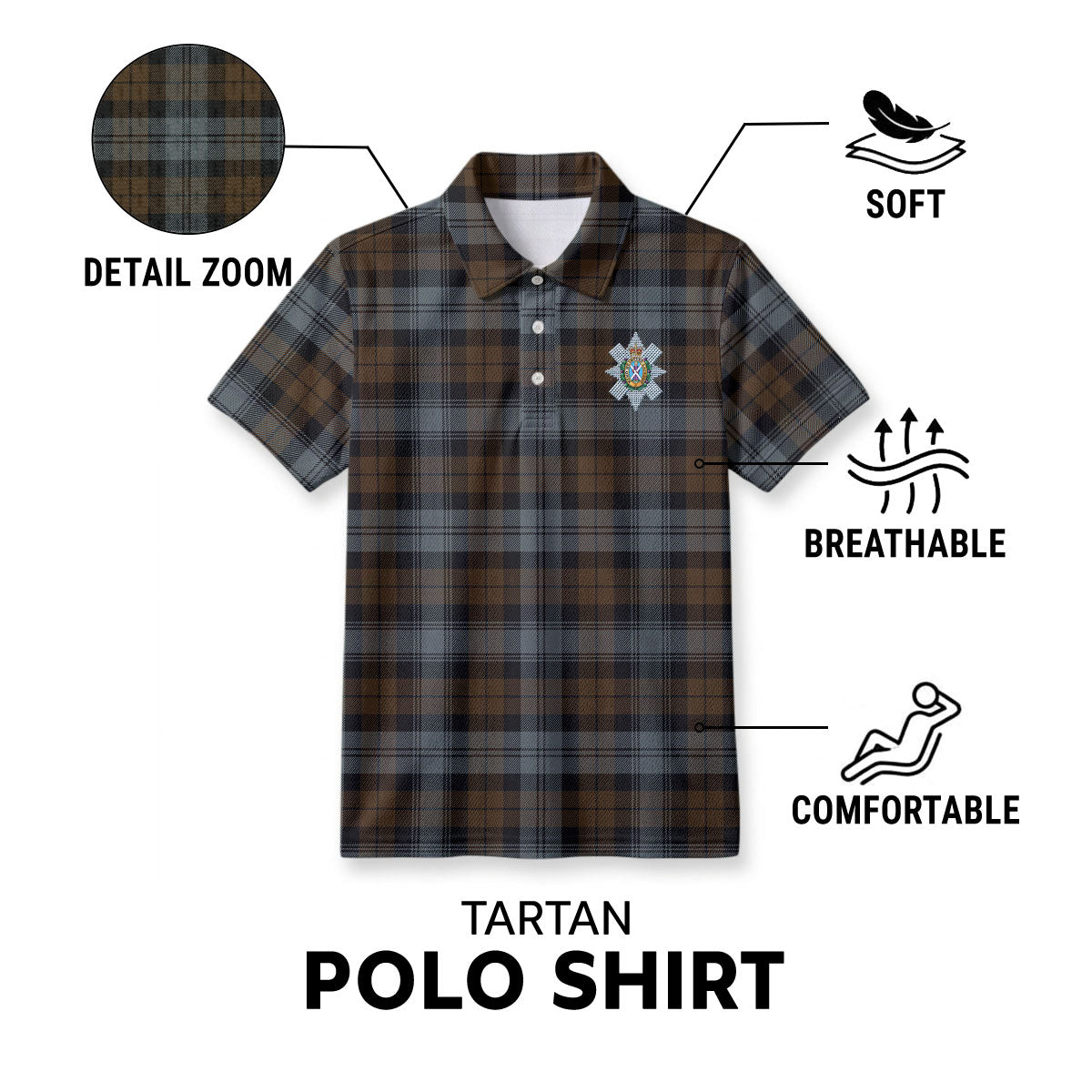Black Watch Weathered Tartan Crest Birdseye Mesh Polo Shirt