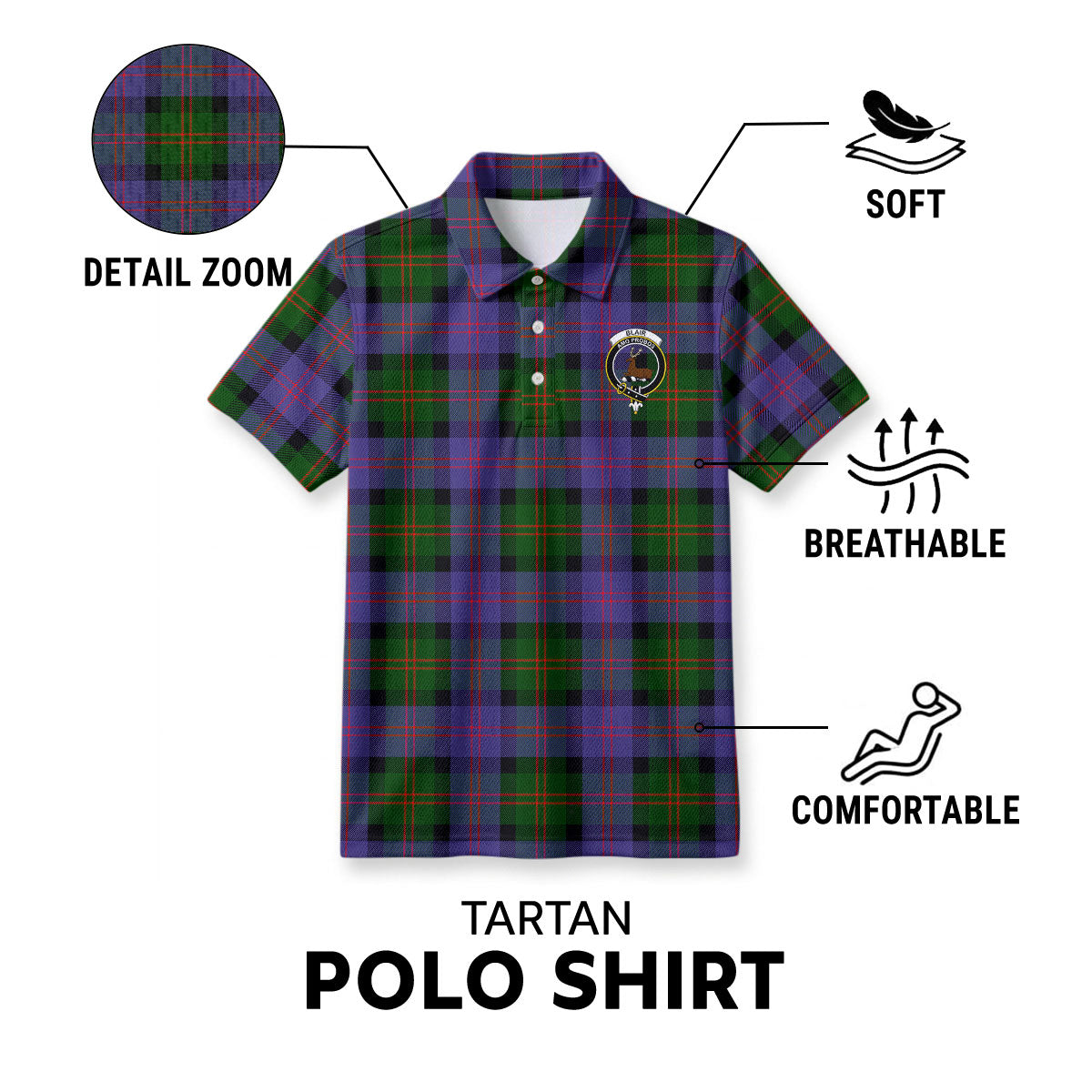 Blair Modern Tartan Crest Birdseye Mesh Polo Shirt