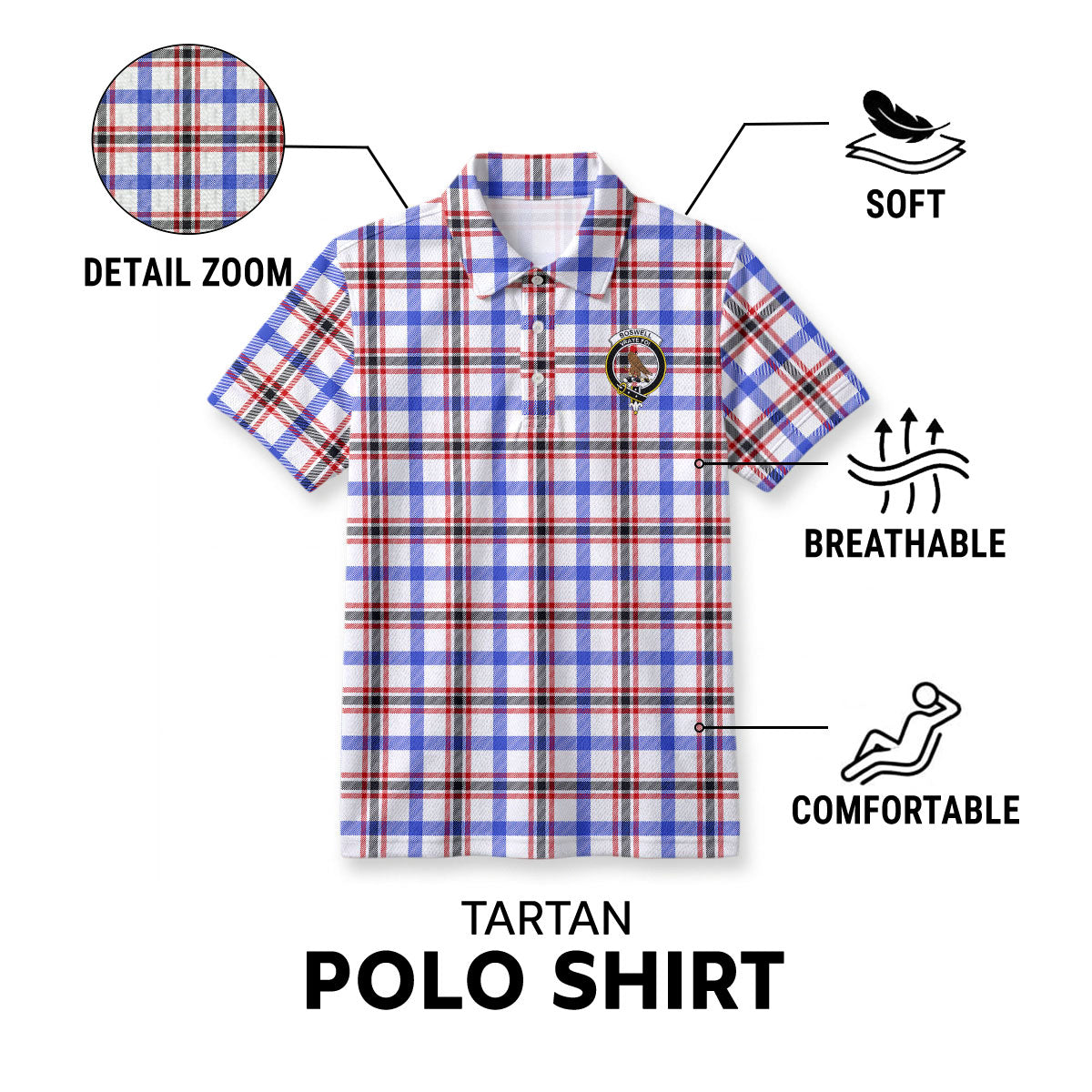 Boswell Modern Tartan Crest Birdseye Mesh Polo Shirt