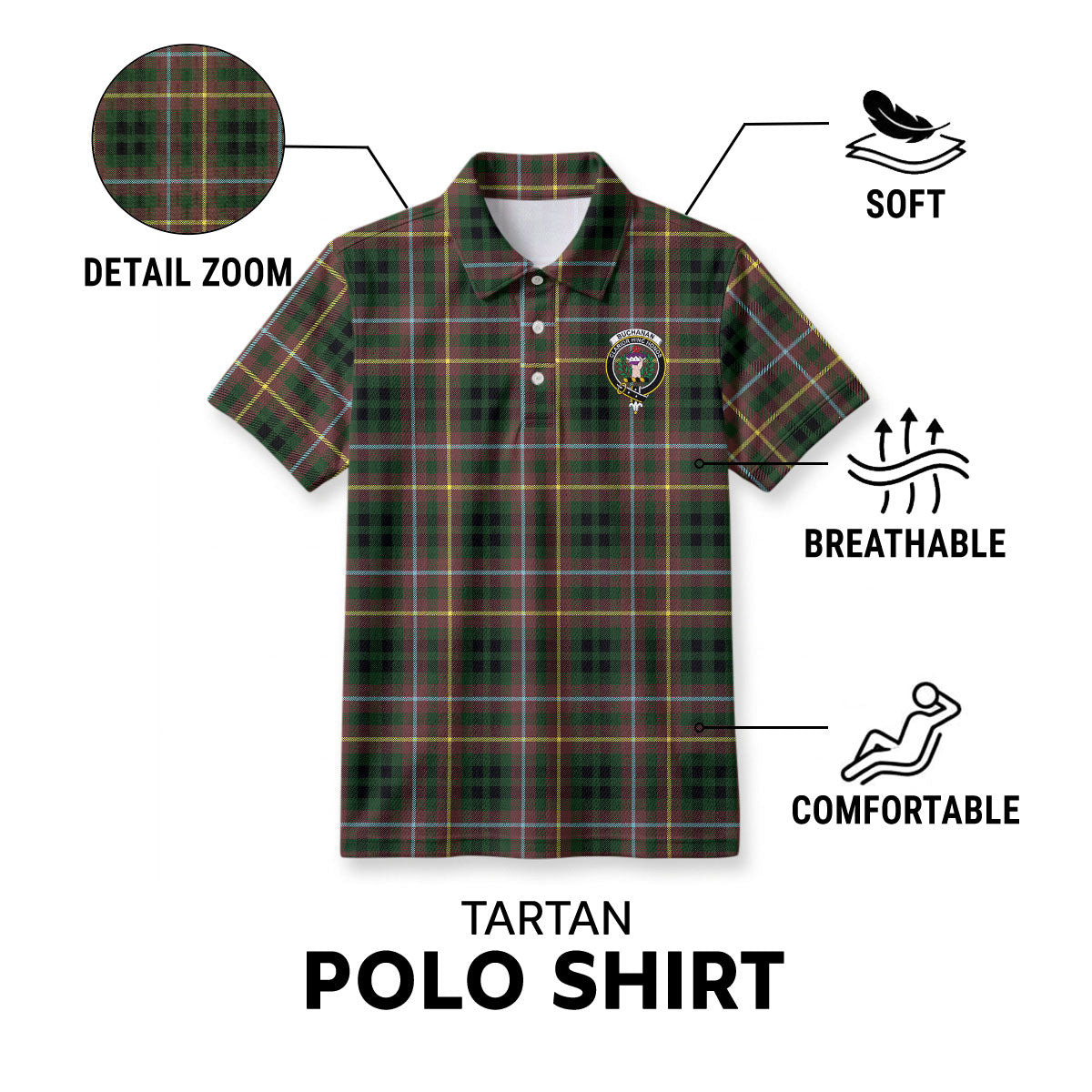 Buchanan Hunting Tartan Crest Birdseye Mesh Polo Shirt