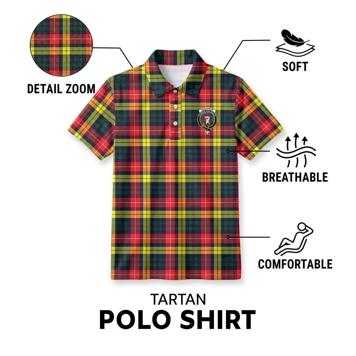 Buchanan Modern Tartan Crest Birdseye Mesh Polo Shirt