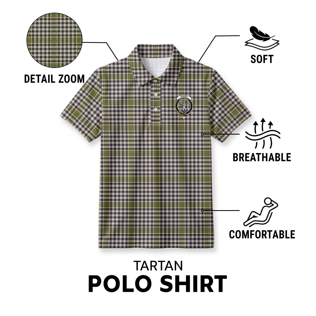 Burns Check Tartan Crest Birdseye Mesh Polo Shirt