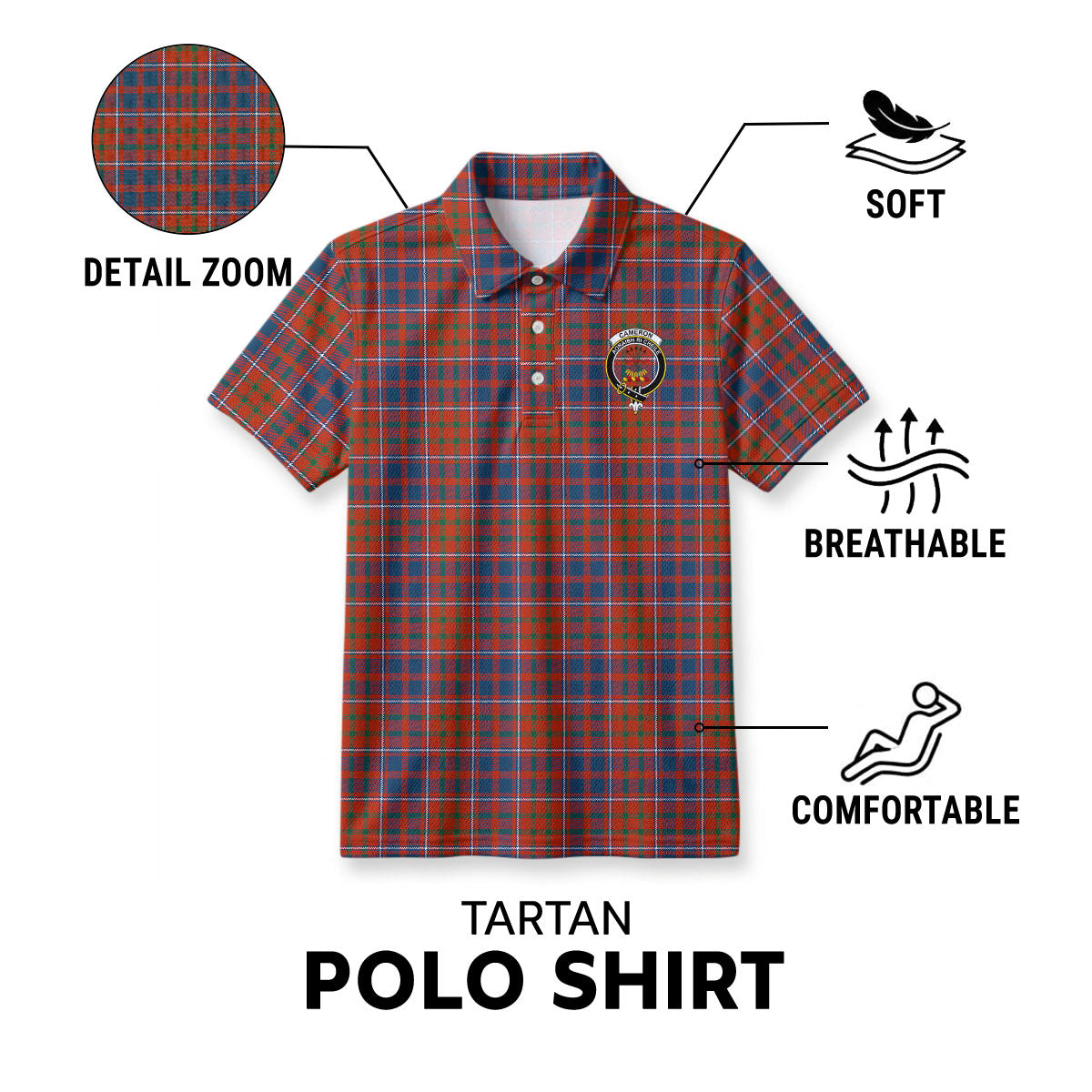 Cameron of Lochiel Ancient Tartan Crest Birdseye Mesh Polo Shirt