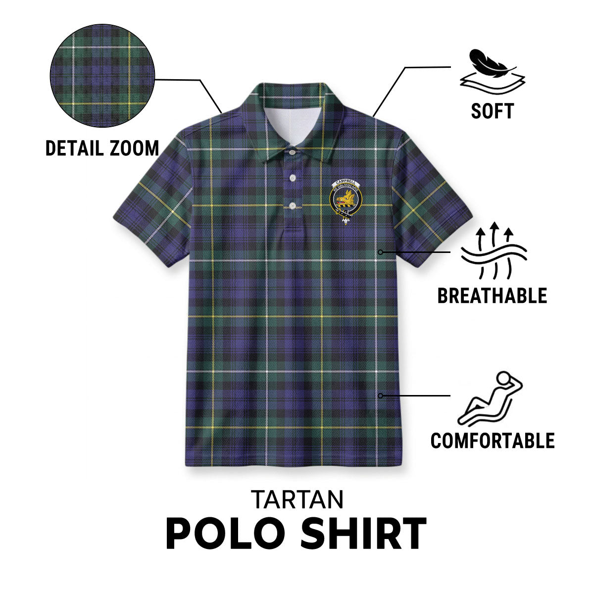 Campbell Argyll Modern Tartan Crest Birdseye Mesh Polo Shirt