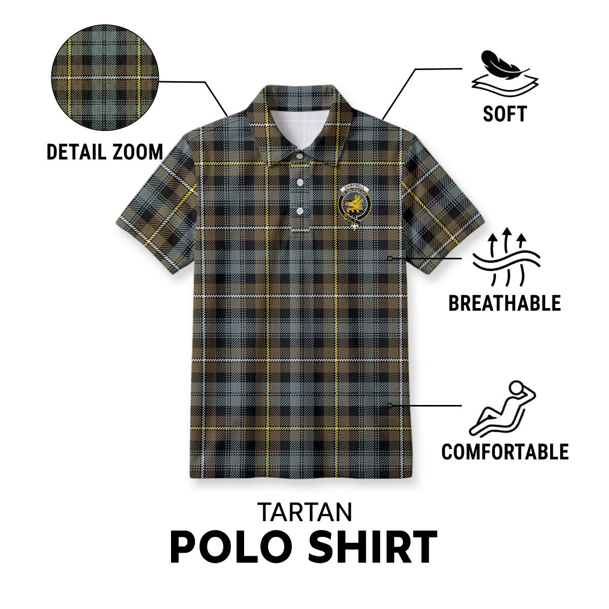 Campbell Argyll Weathered Tartan Crest Birdseye Mesh Polo Shirt