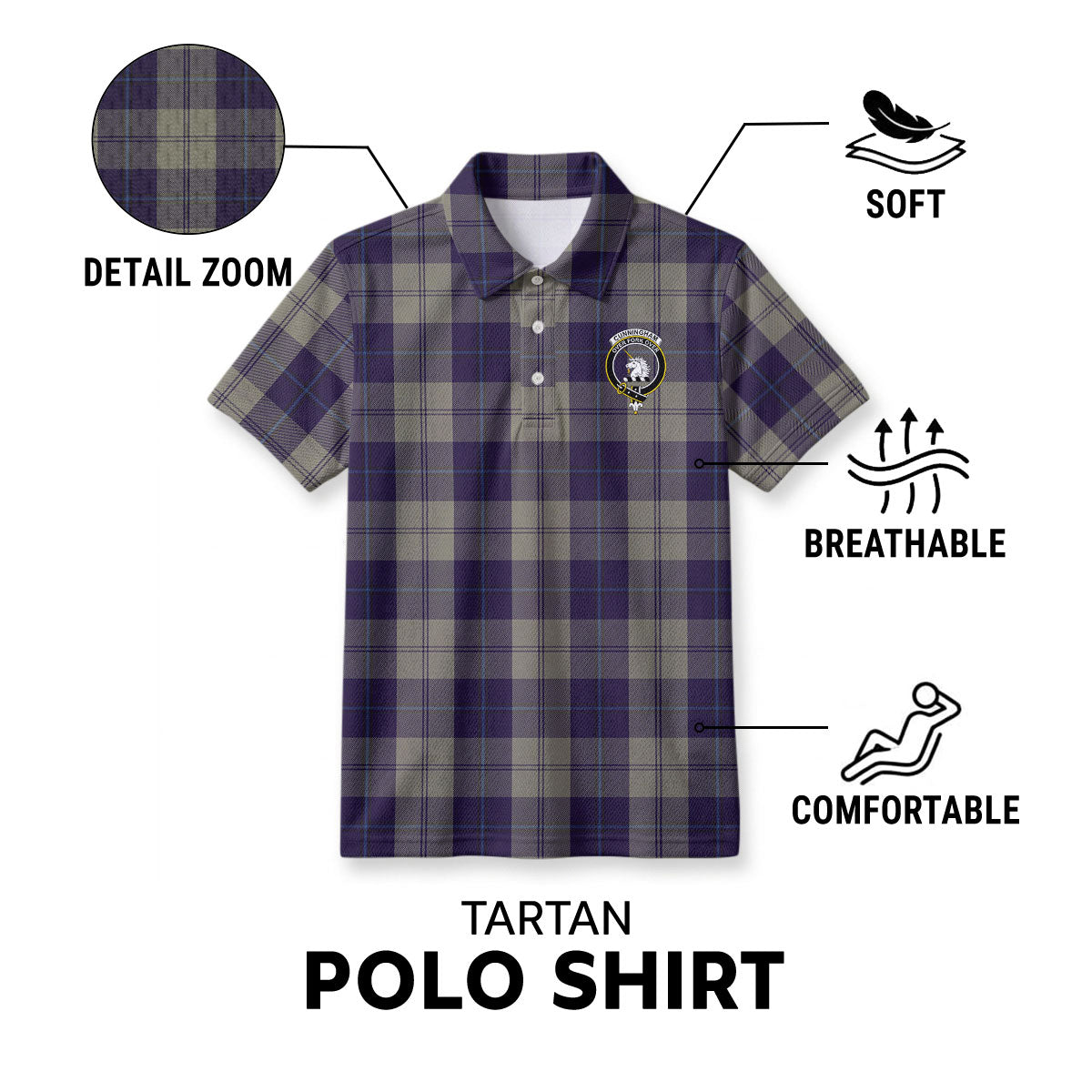 Cunningham Dress Blue Dancers Tartan Crest Birdseye Mesh Polo Shirt