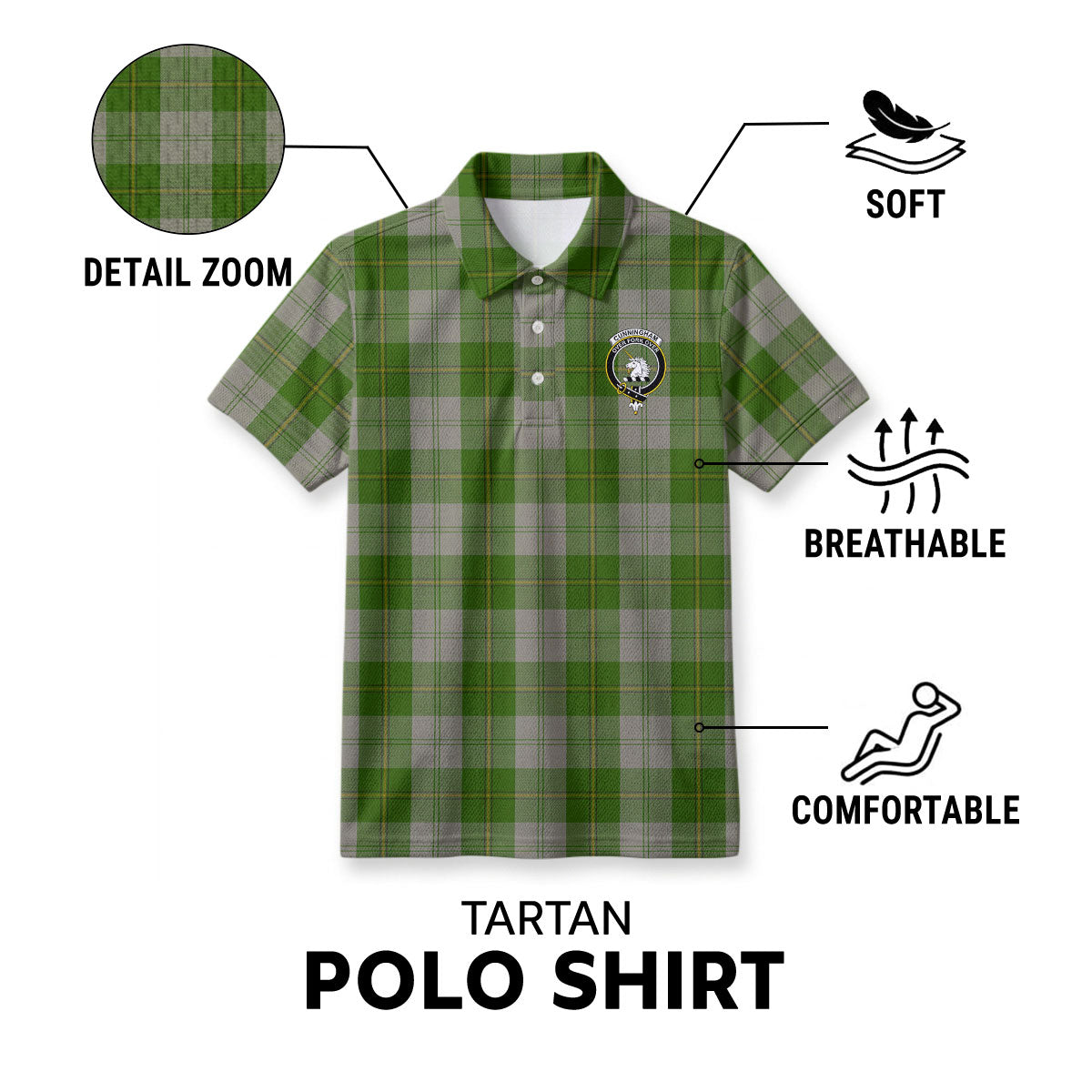 Cunningham Dress Green Dancers Tartan Crest Birdseye Mesh Polo Shirt