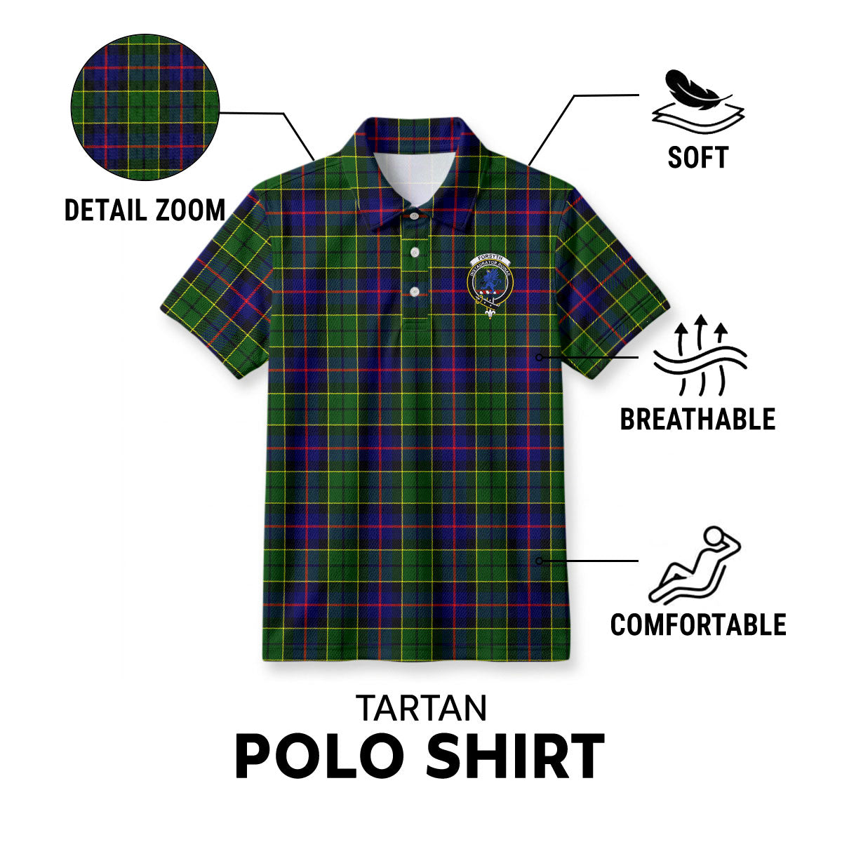 Forsyth Modern Tartan Crest Birdseye Mesh Polo Shirt