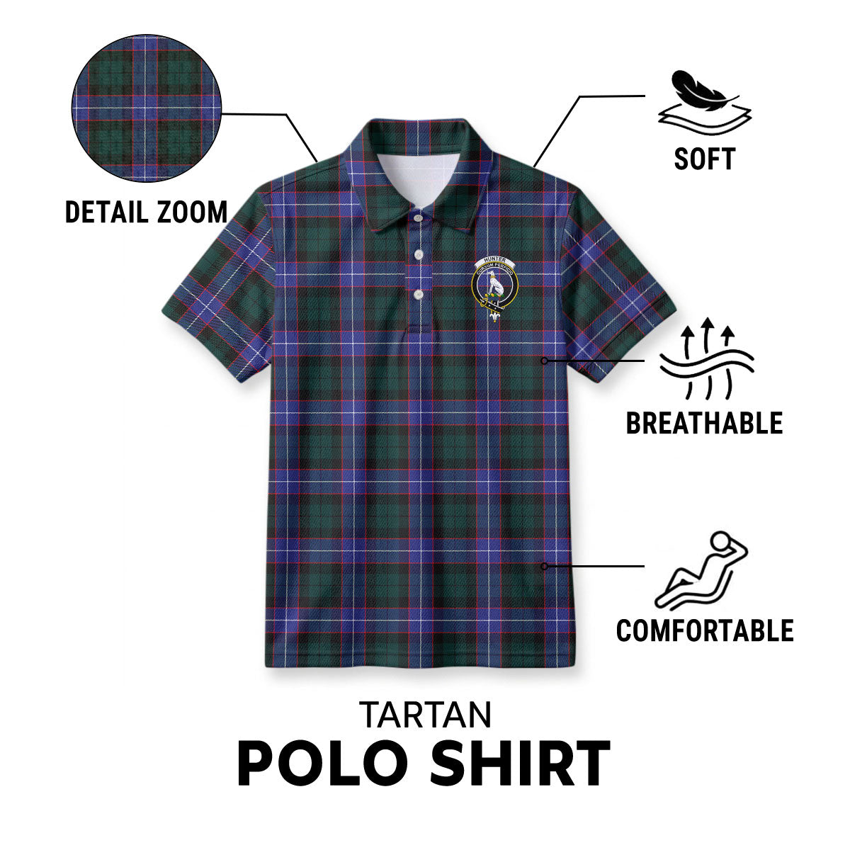 Hunter Modern Tartan Crest Birdseye Mesh Polo Shirt