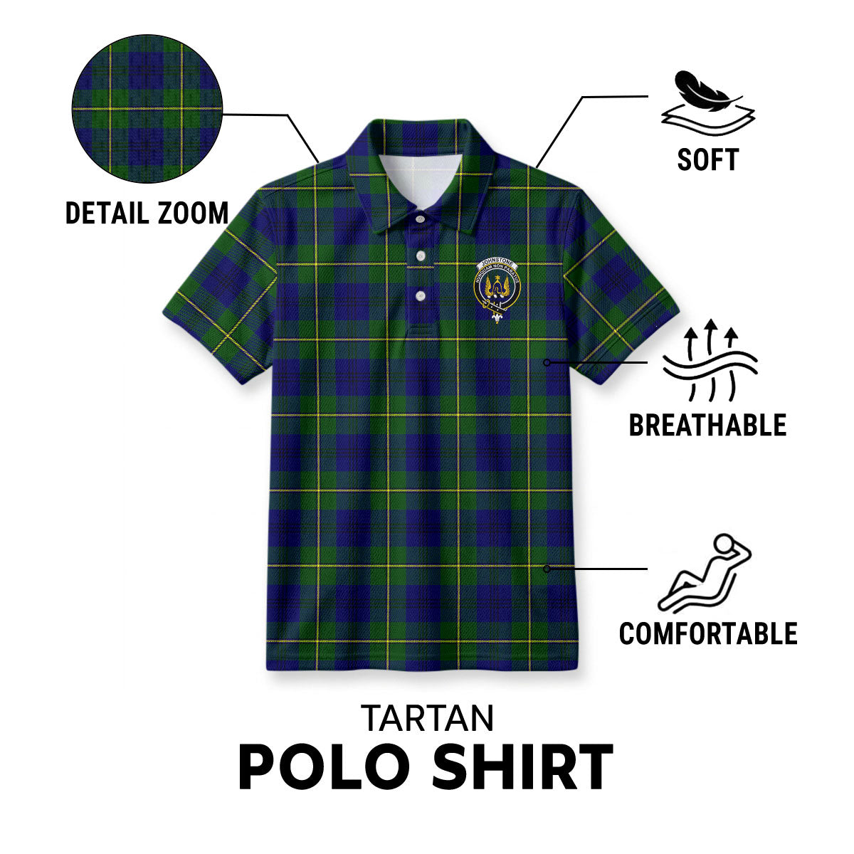Johnstone Modern Tartan Crest Birdseye Mesh Polo Shirt