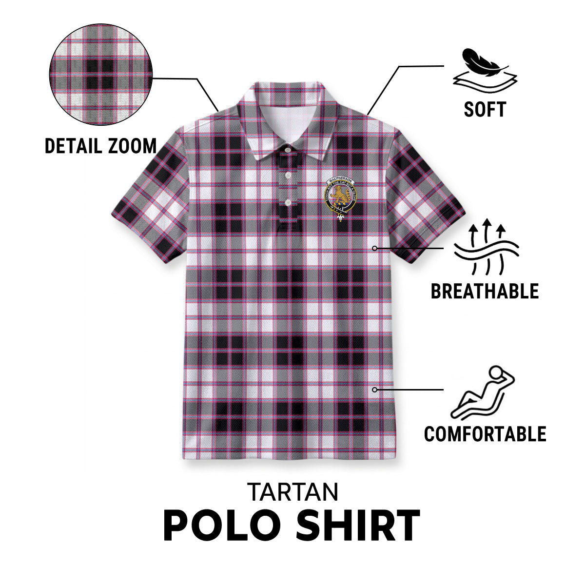 MacPherson Hunting Modern Tartan Crest Birdseye Mesh Polo Shirt