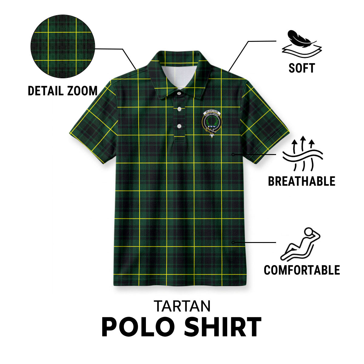 McArthur Modern Tartan Crest Birdseye Mesh Polo Shirt