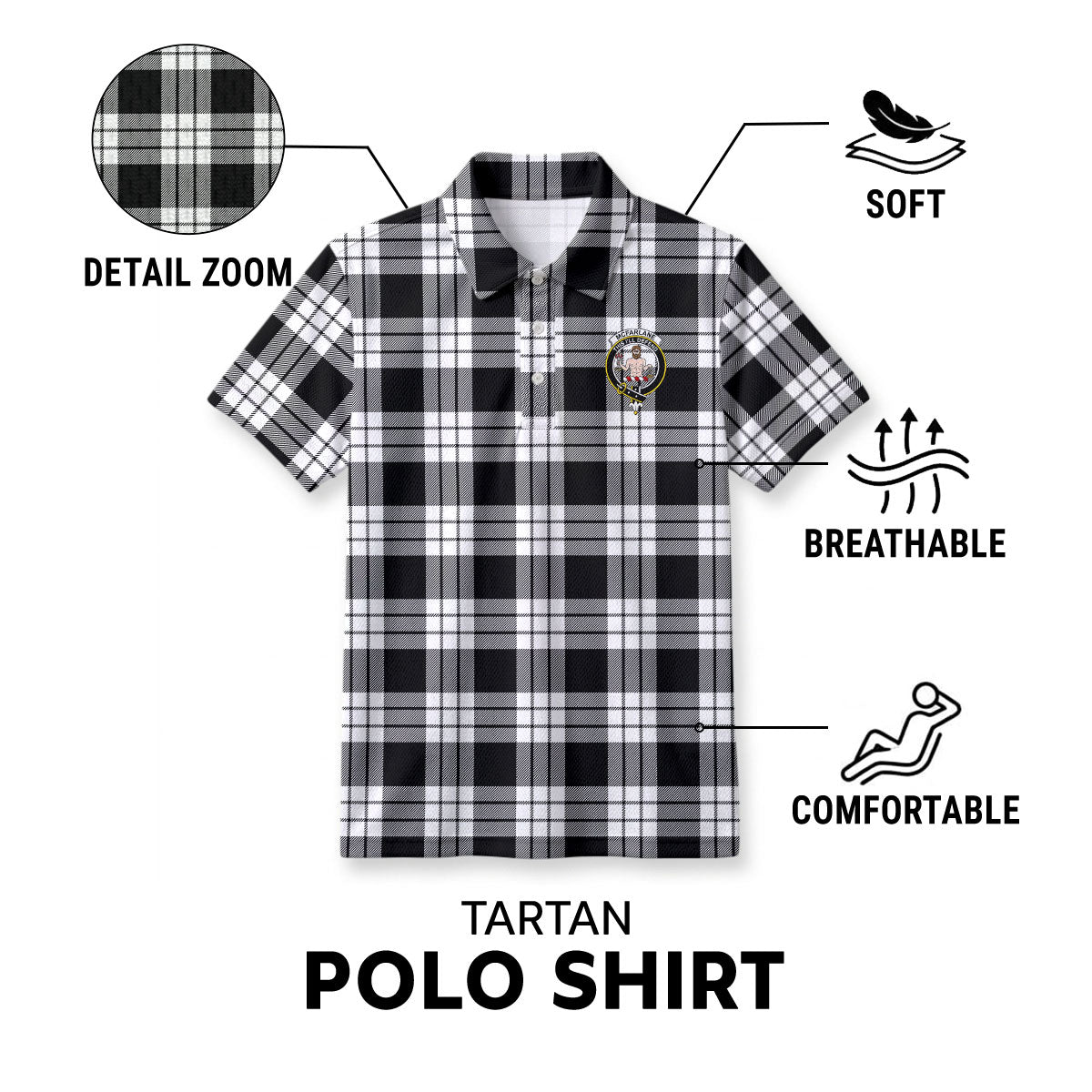 McFarlane Black - White Tartan Crest Birdseye Mesh Polo Shirt