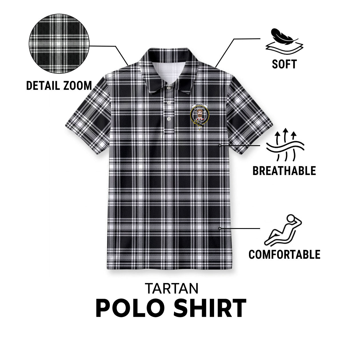 Menzies Black - White Modern Tartan Crest Birdseye Mesh Polo Shirt