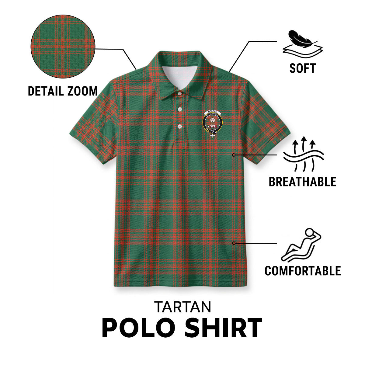 Menzies Green Ancient Tartan Crest Birdseye Mesh Polo Shirt