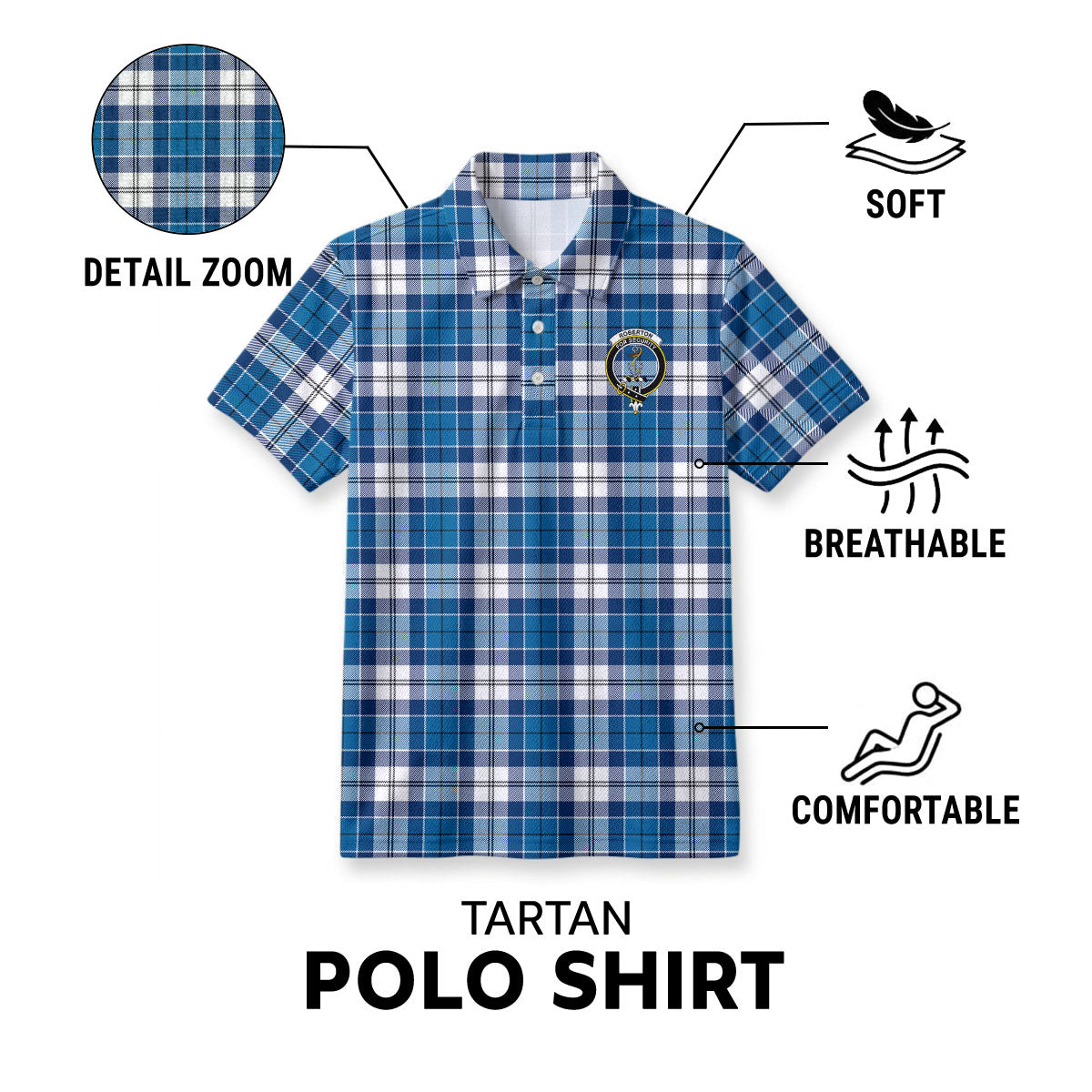 Roberton Tartan Crest Birdseye Mesh Polo Shirt