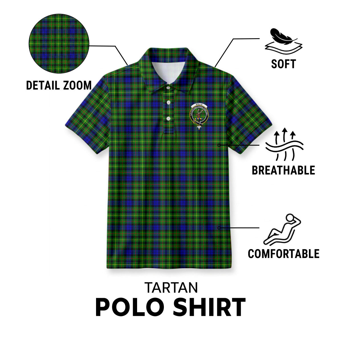 Rollo Modern Tartan Crest Birdseye Mesh Polo Shirt