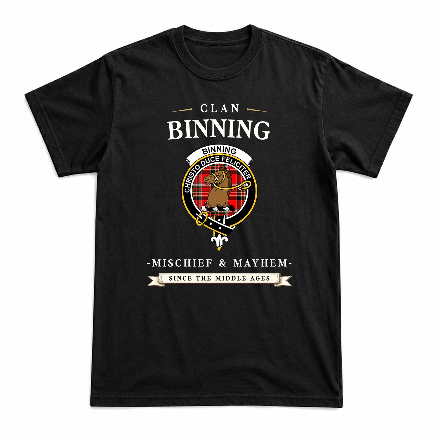 Binning (of Wallifoord) Tartan Crest Mischief and Mayhem T-shirt