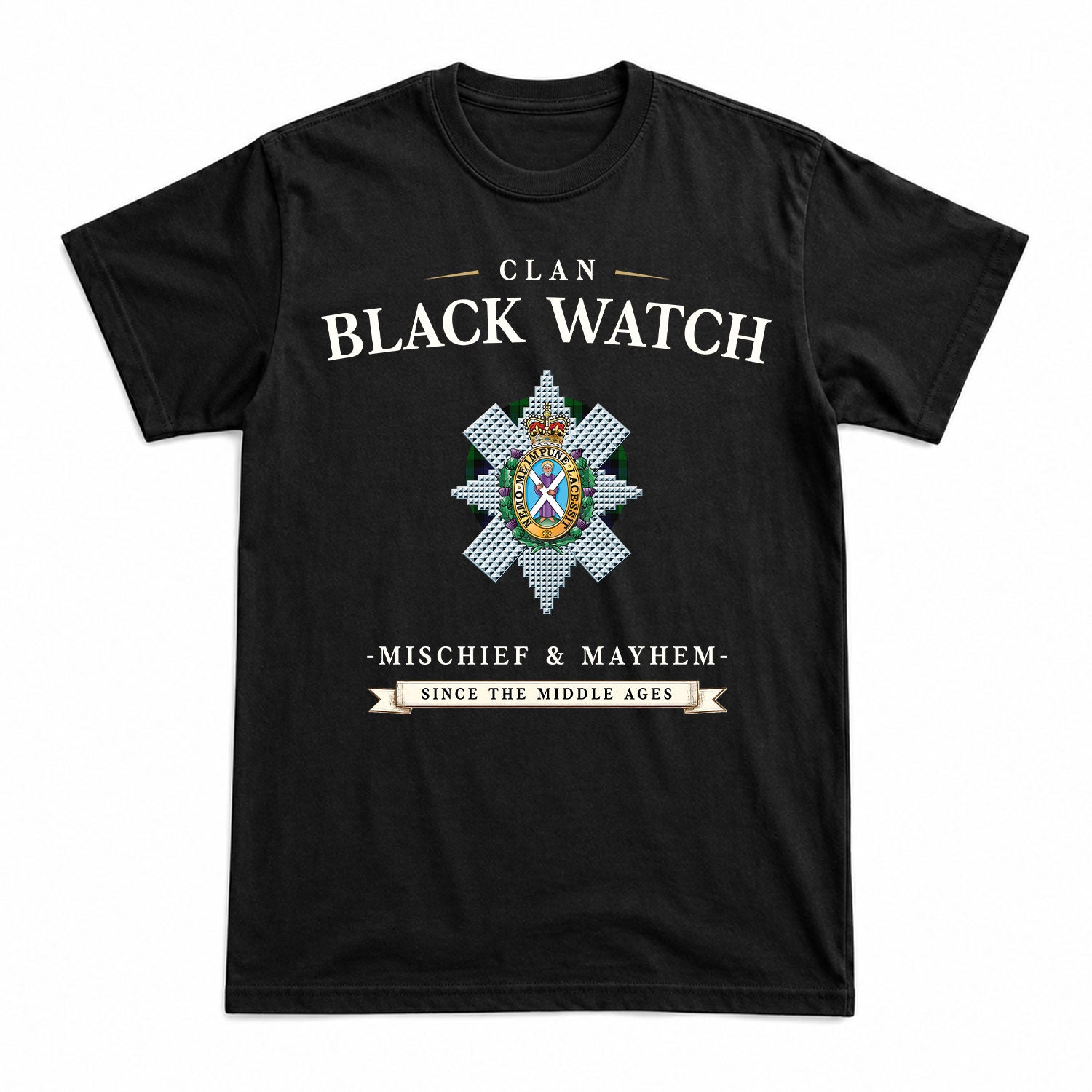 Black Watch Tartan Crest Mischief and Mayhem T-shirt