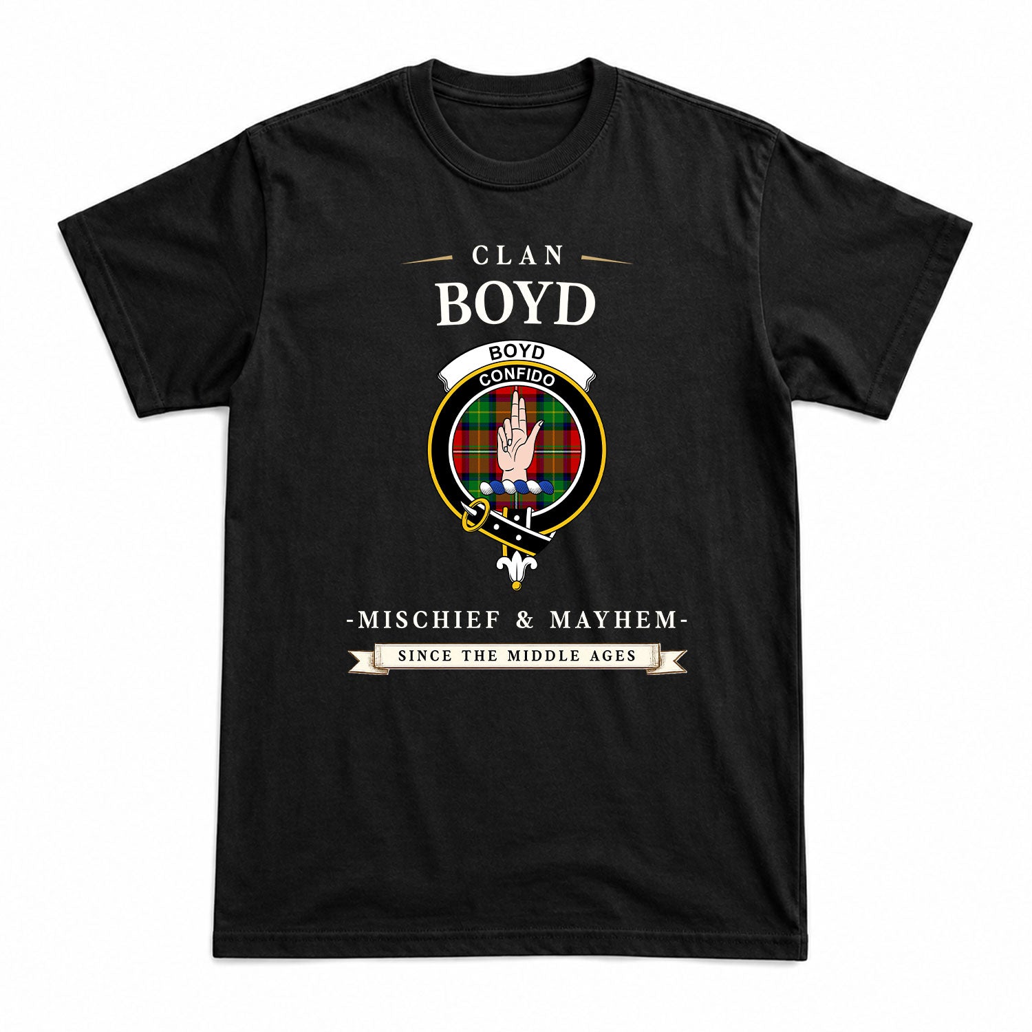 Boyd Modern Tartan Crest Mischief and Mayhem T-shirt