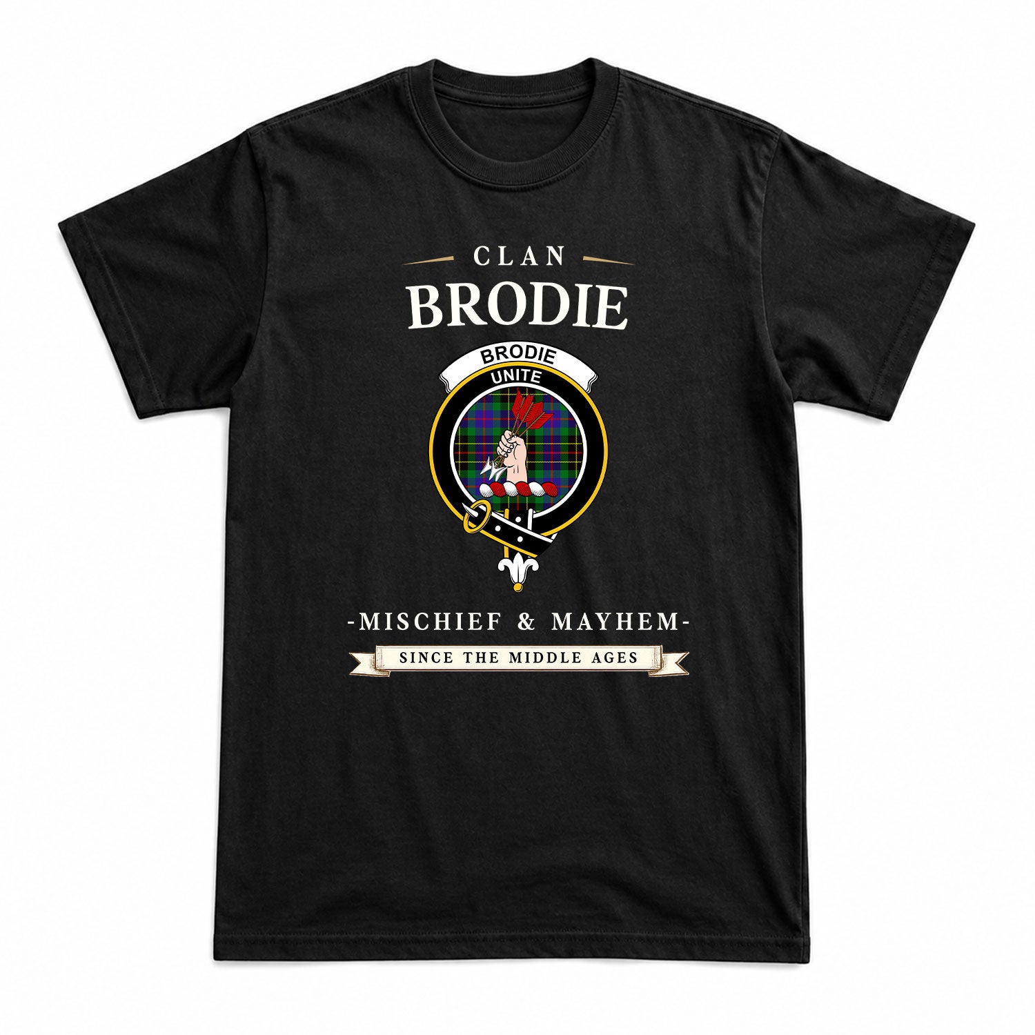 Brodie Hunting Modern Tartan Crest Mischief and Mayhem T-shirt