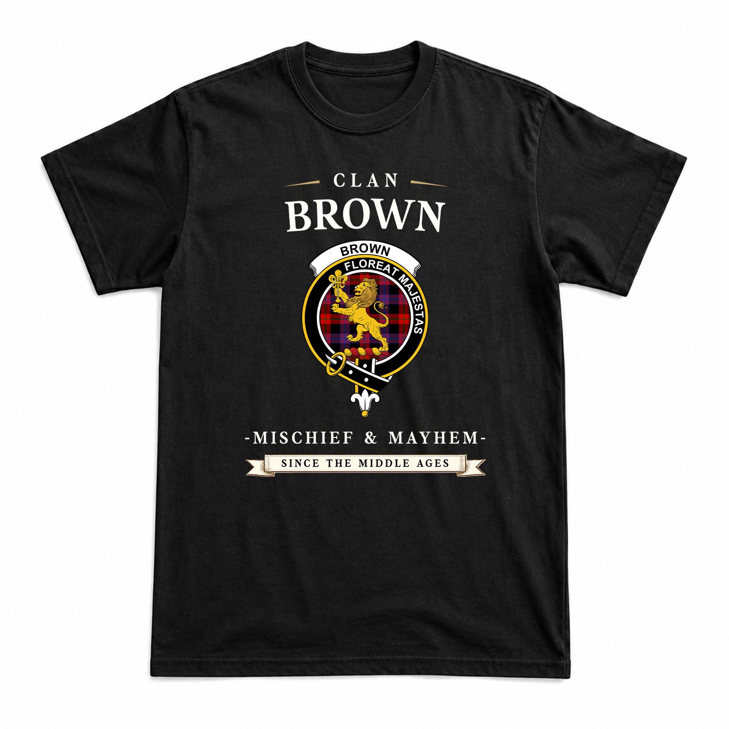 Brown Modern Tartan Crest Mischief and Mayhem T-shirt