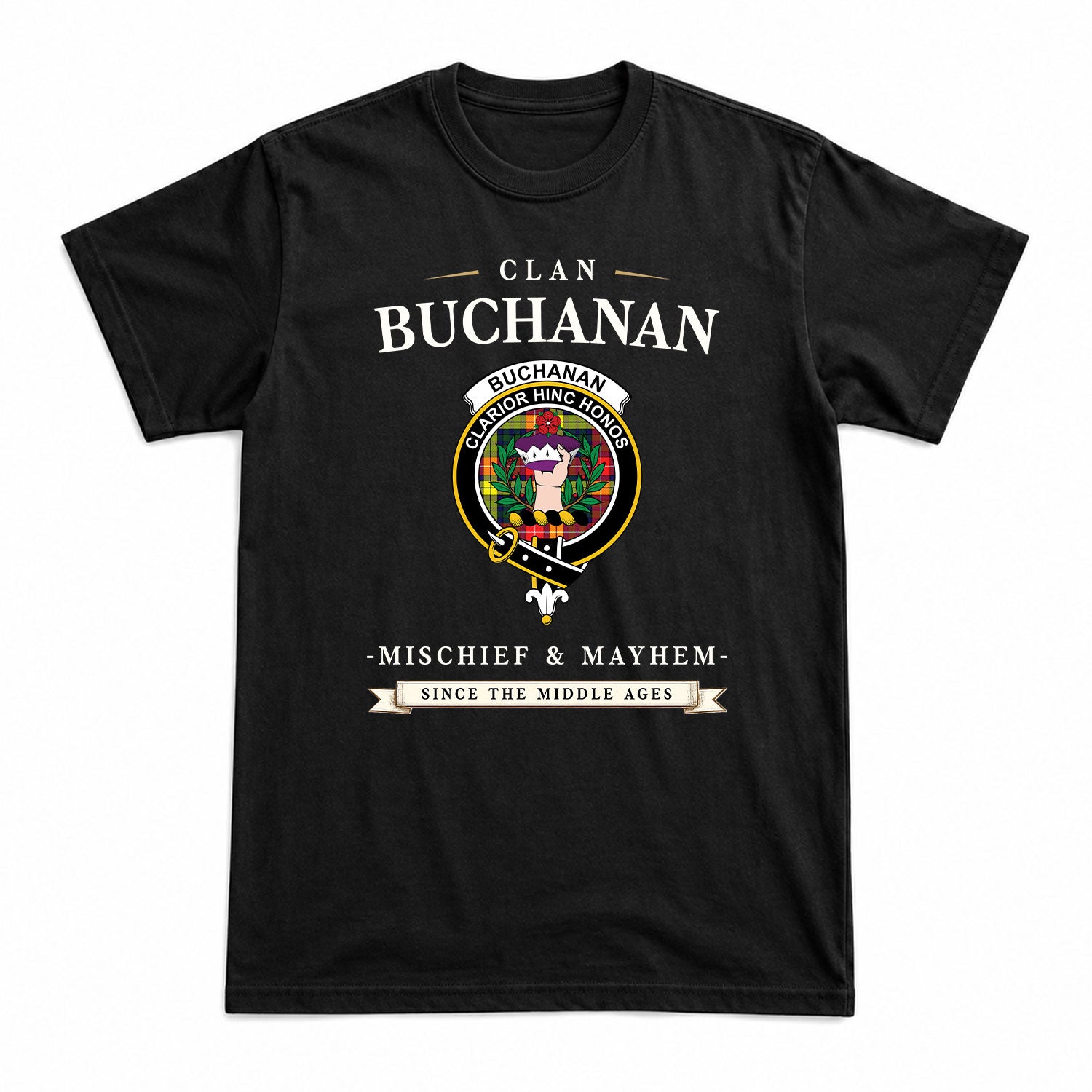 Buchanan Modern Tartan Crest Mischief and Mayhem T-shirt