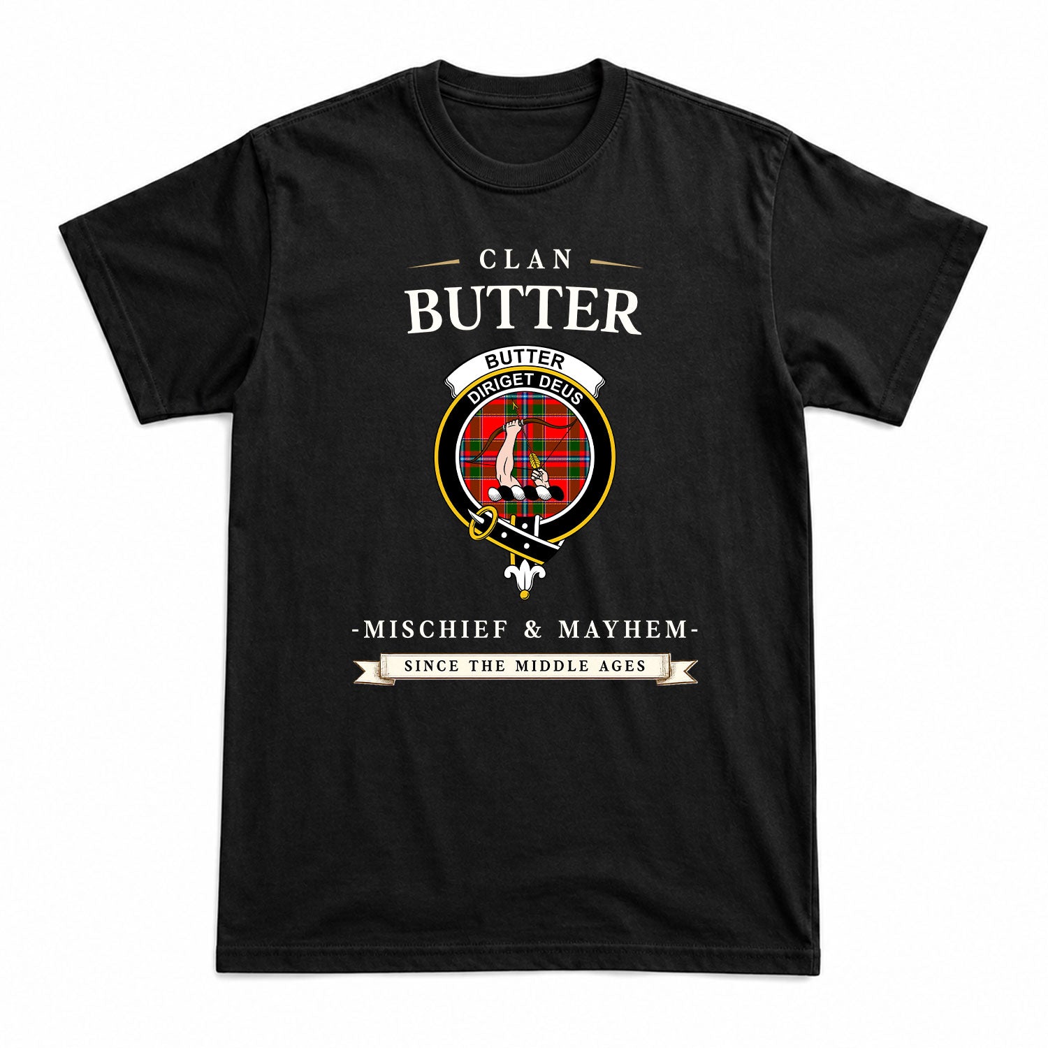 Butter Tartan Crest Mischief and Mayhem T-shirt