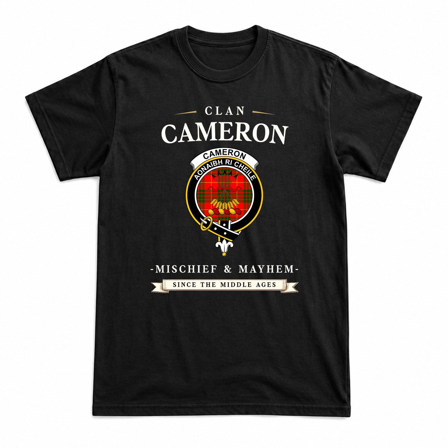 Cameron Modern Tartan Crest Mischief and Mayhem T-shirt