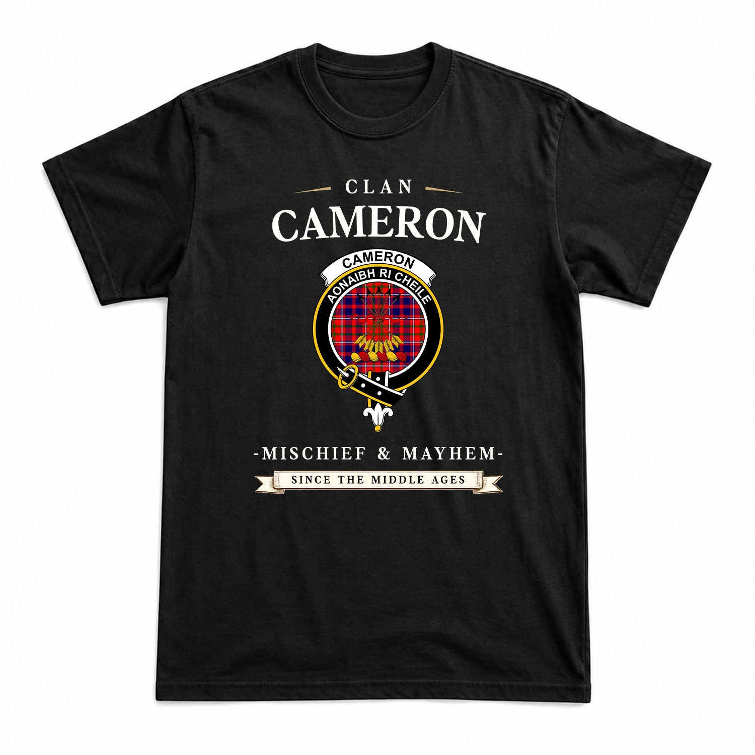 Cameron of Lochiel Modern Tartan Crest Mischief and Mayhem T-shirt