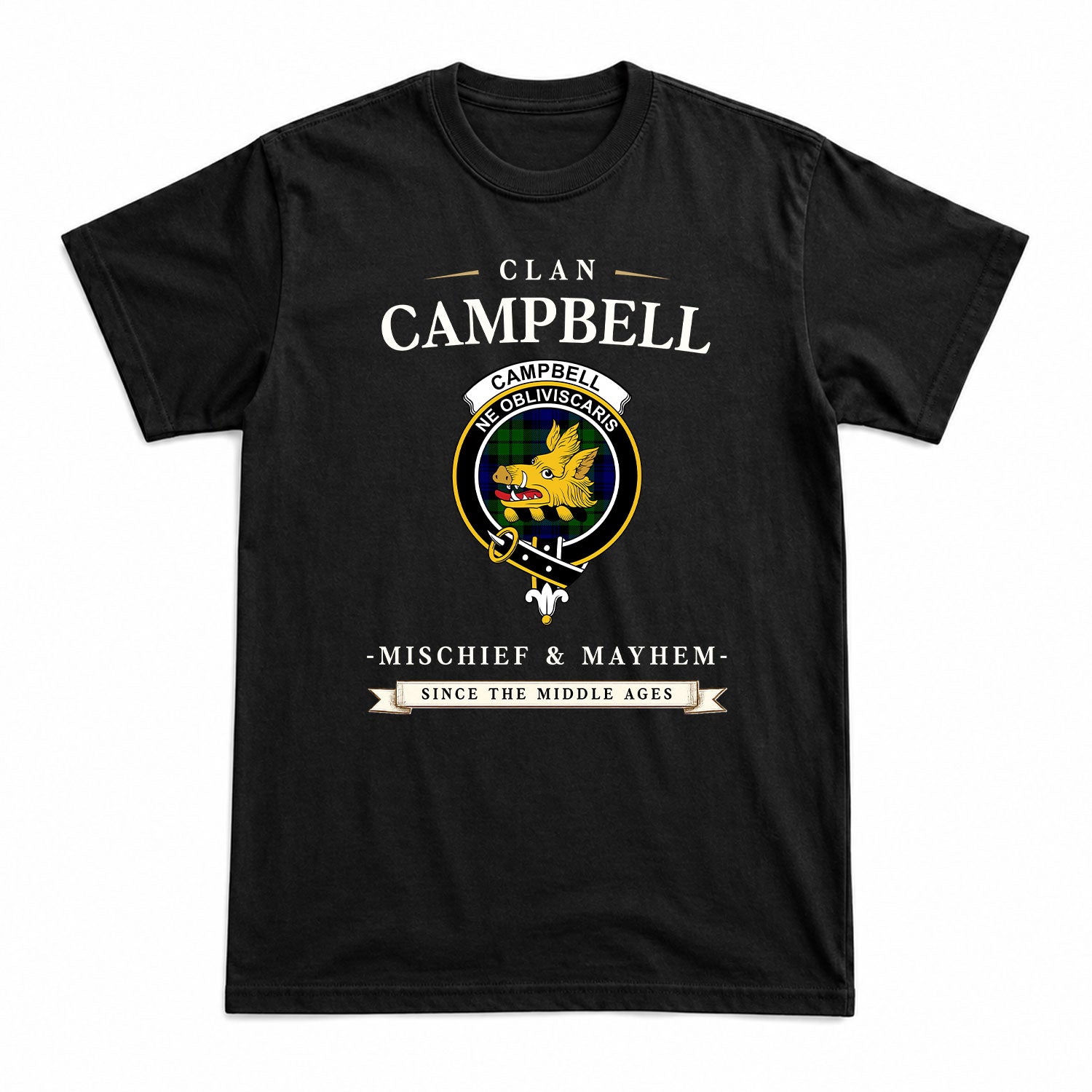 Campbell Modern Tartan Crest Mischief and Mayhem T-shirt