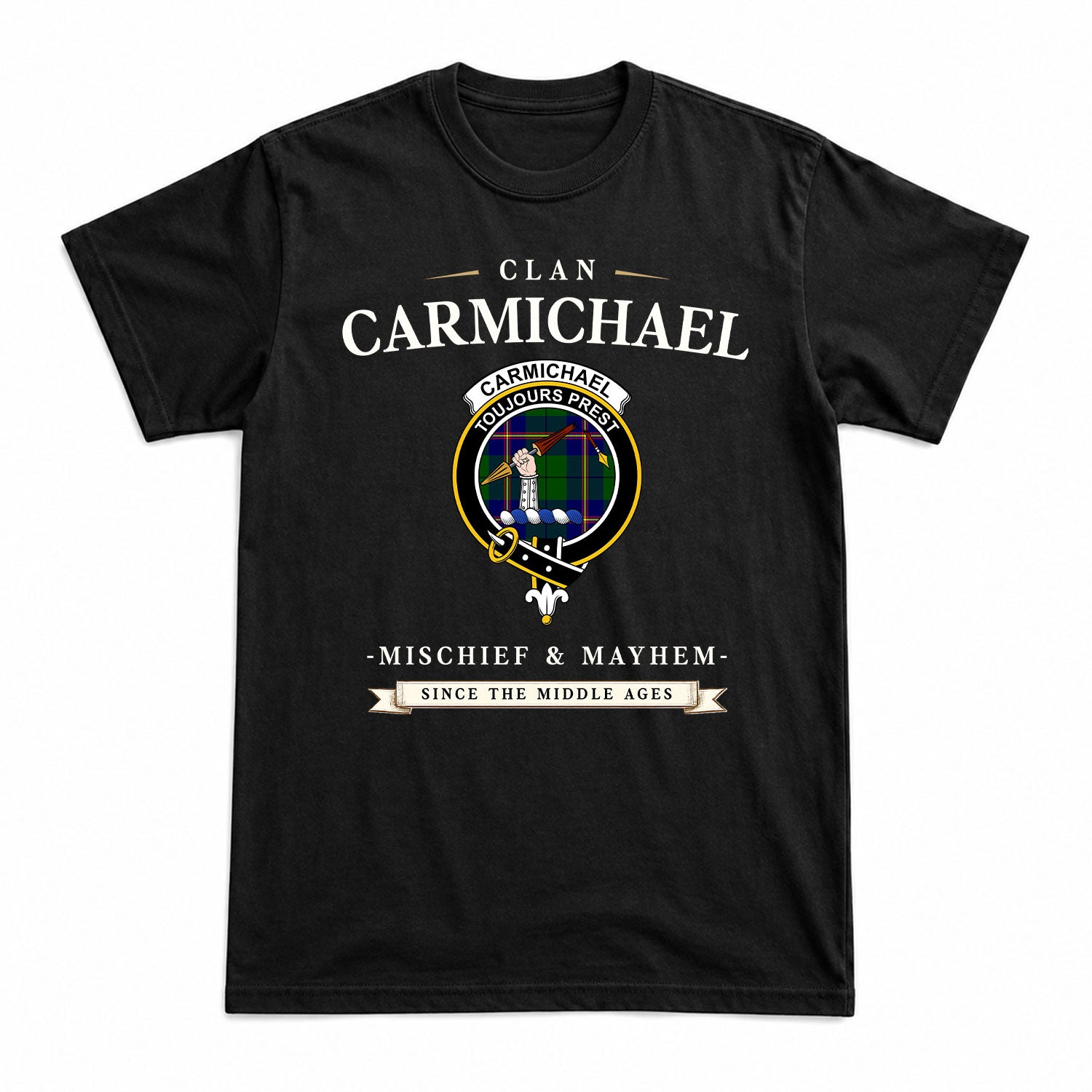 Carmichael Modern Tartan Crest Mischief and Mayhem T-shirt