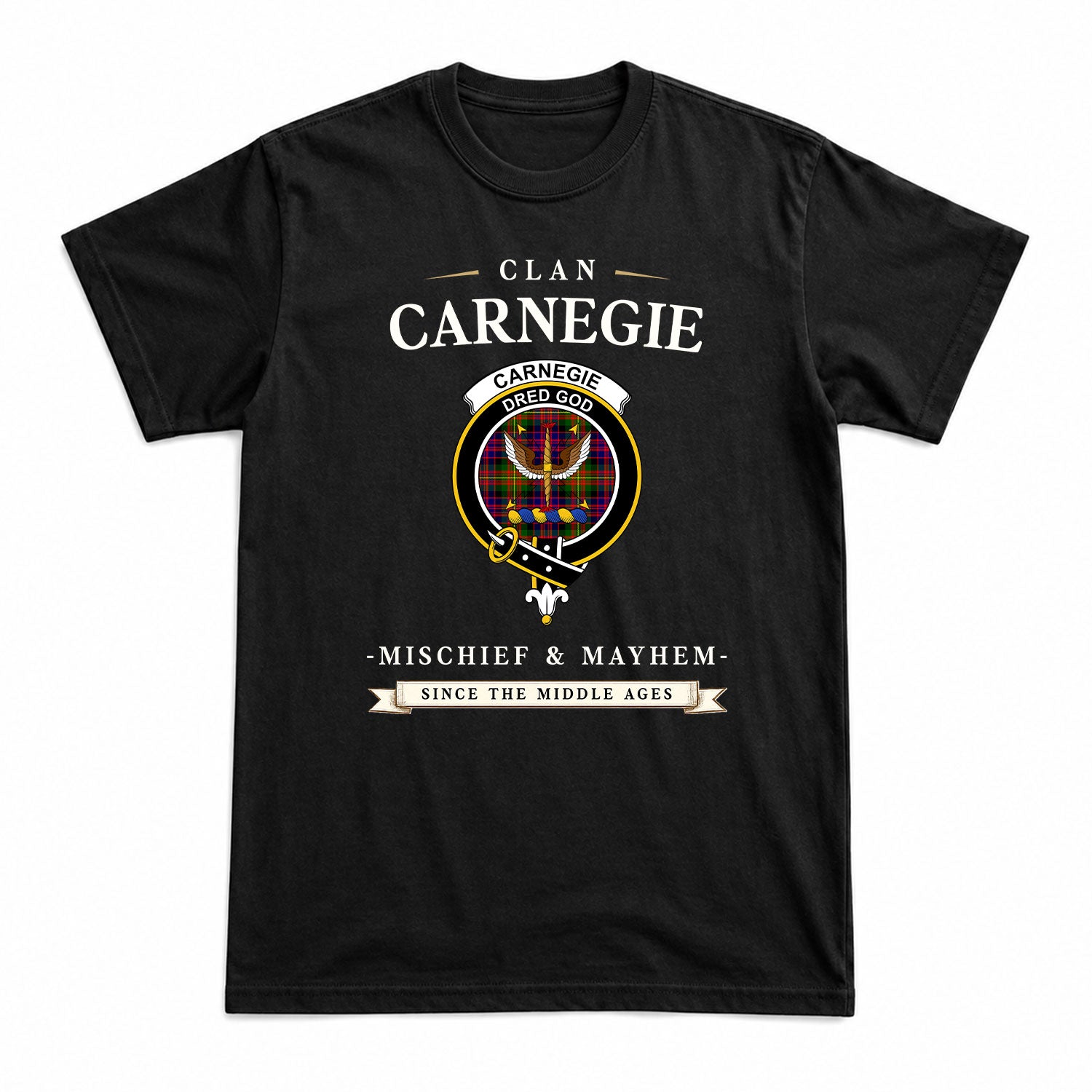Carnegie Modern Tartan Crest Mischief and Mayhem T-shirt