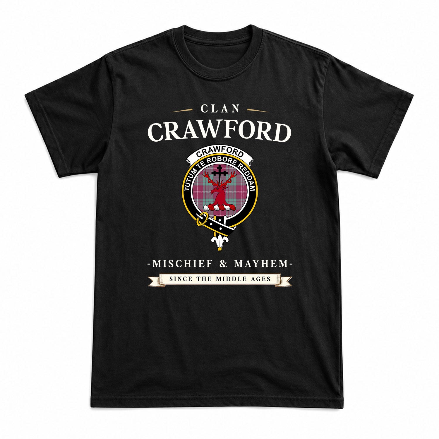 Crawford Ancient Tartan Crest Mischief and Mayhem T-shirt