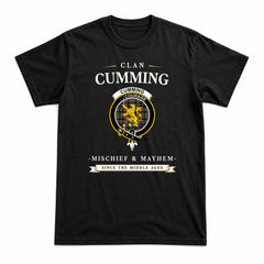 Cumming Hunting Ancient Tartan Crest Mischief and Mayhem T-shirt