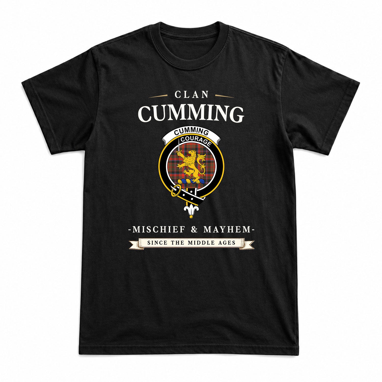 Cumming Hunting Weathered Tartan Crest Mischief and Mayhem T-shirt