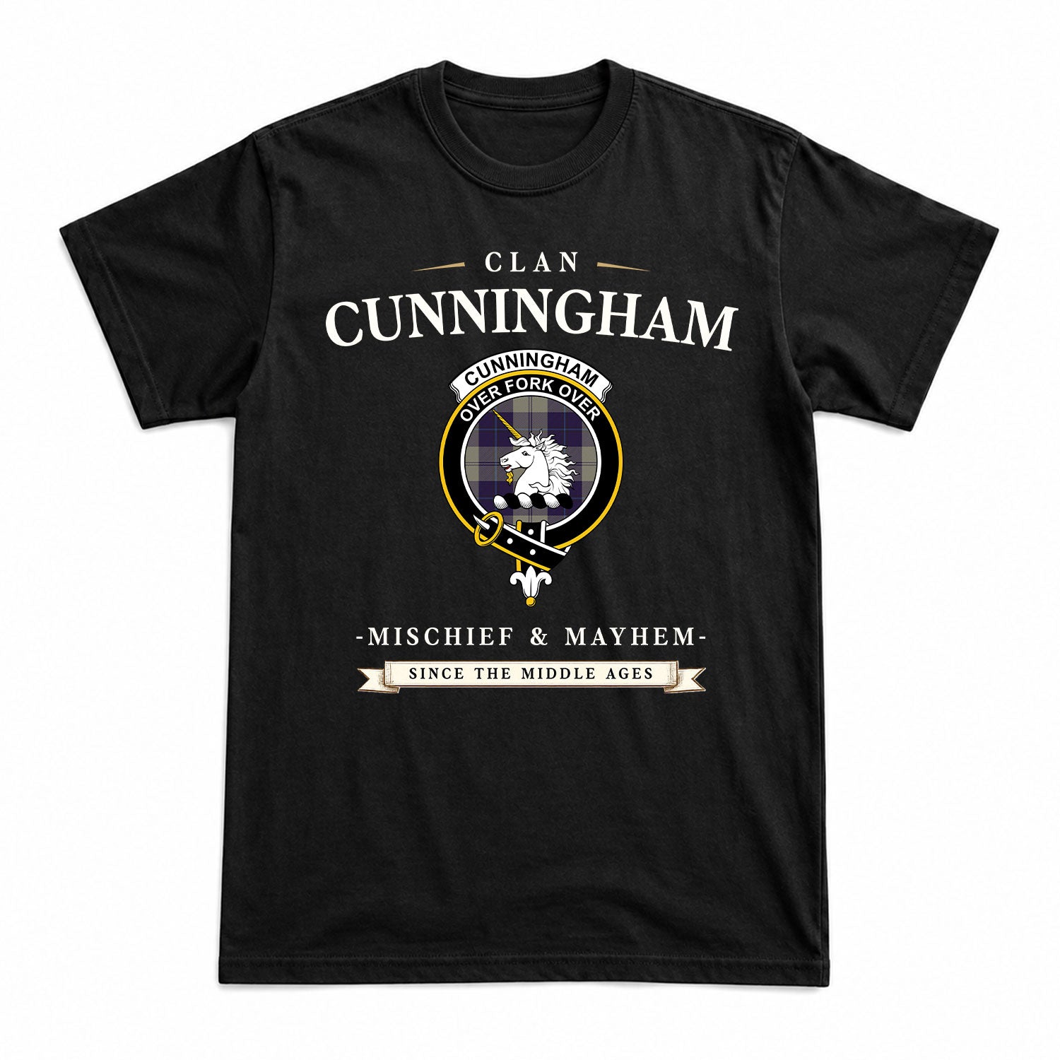 Cunningham Dress Blue Dancers Tartan Crest Mischief and Mayhem T-shirt