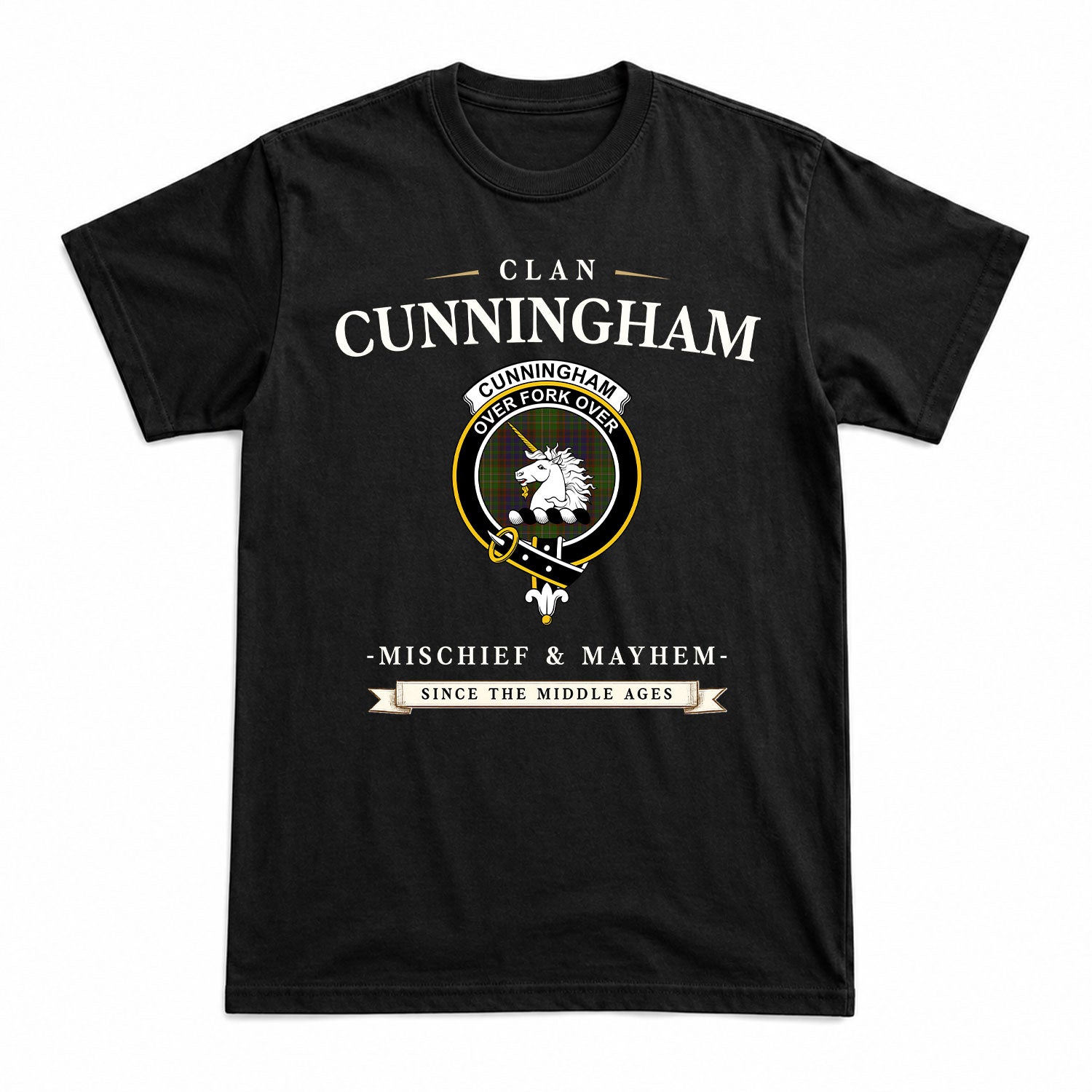Cunningham Hunting Modern Tartan Crest Mischief and Mayhem T-shirt