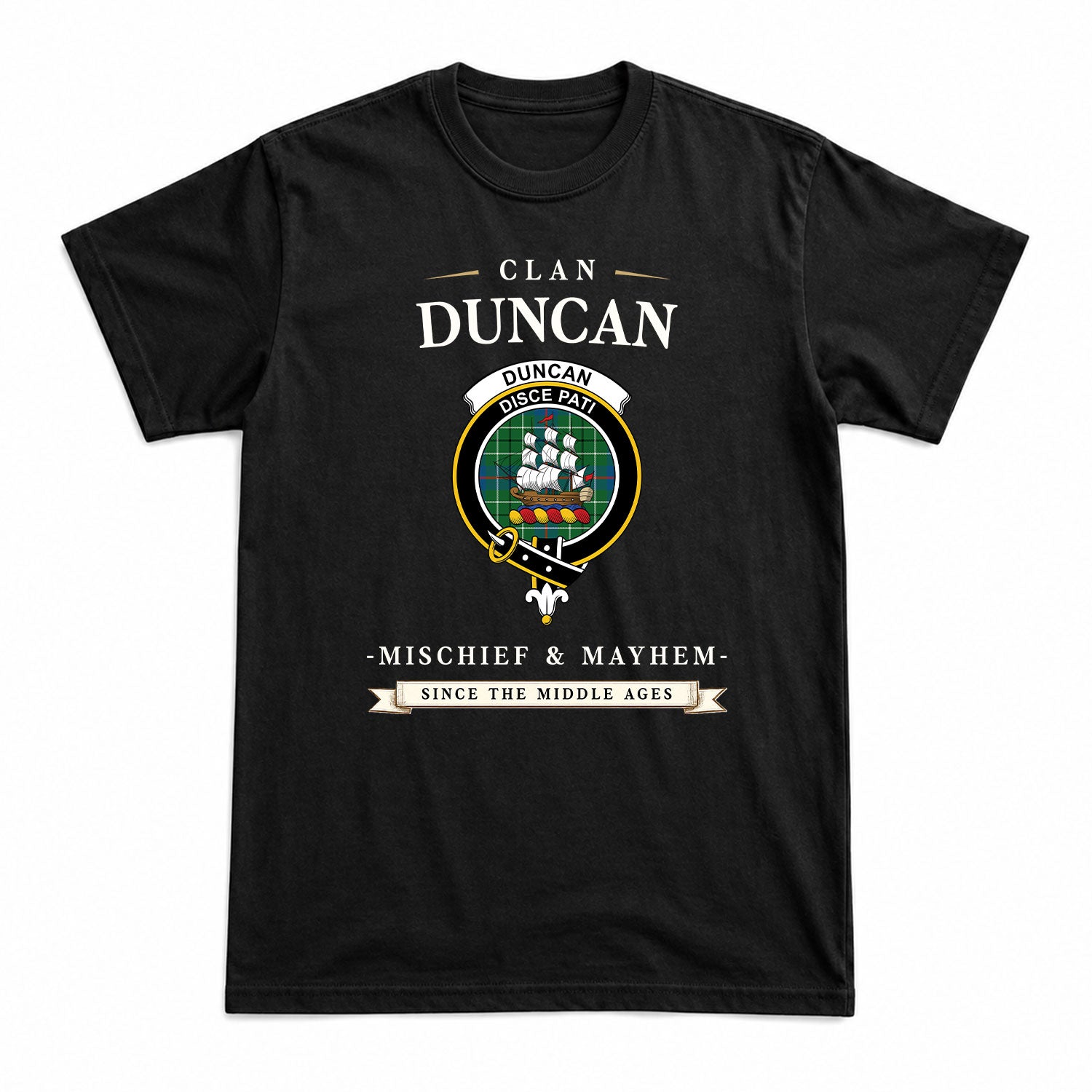 Duncan Ancient Tartan Crest Mischief and Mayhem T-shirt