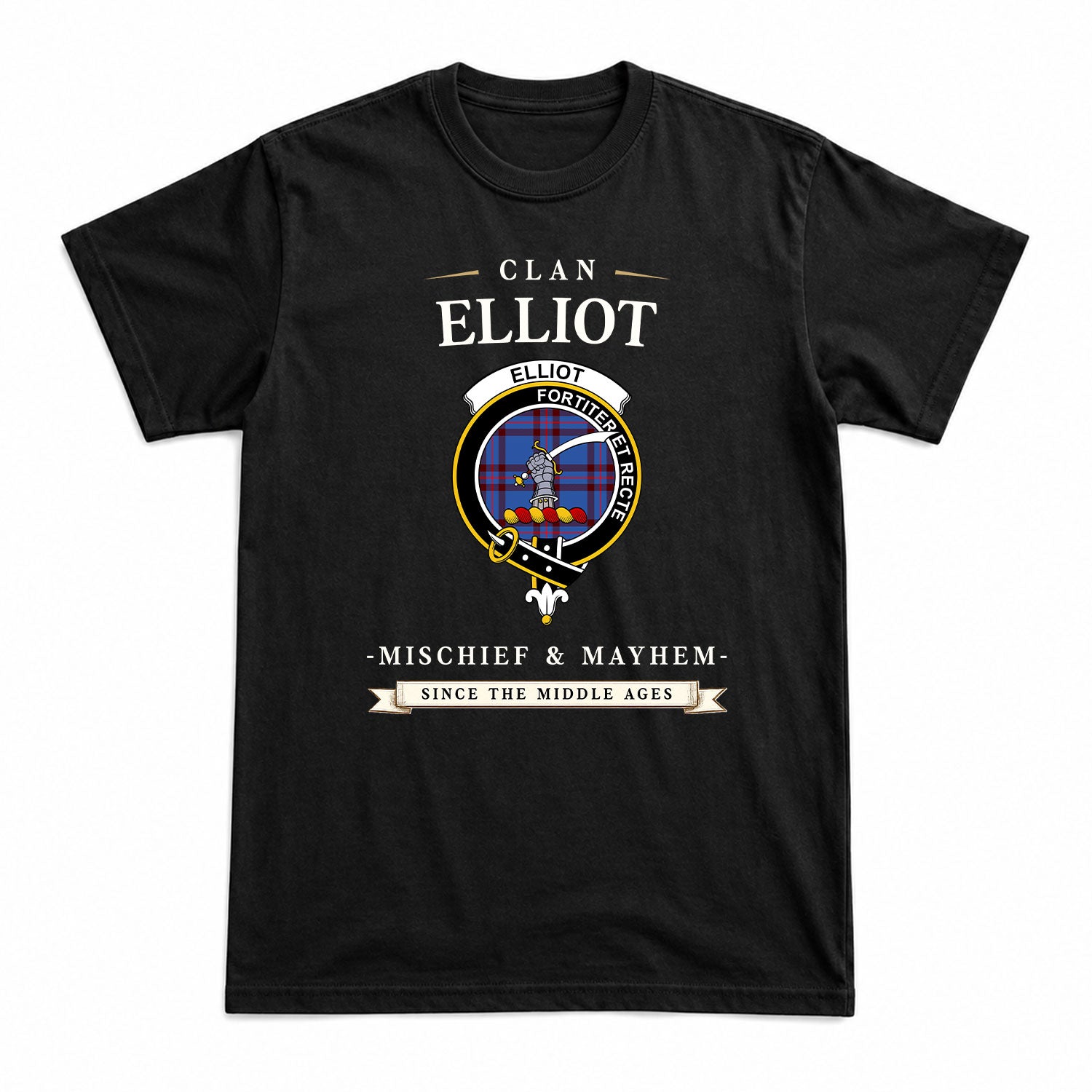 Elliot Modern Tartan Crest Mischief and Mayhem T-shirt