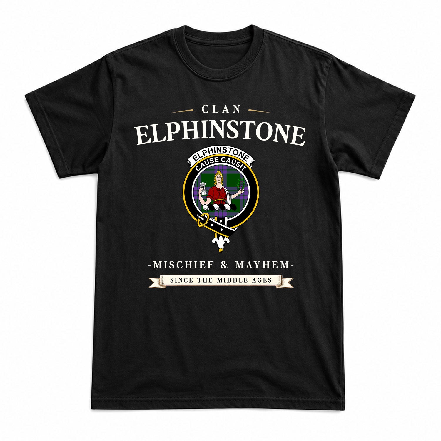 Elphinstone Tartan Crest Mischief and Mayhem T-shirt