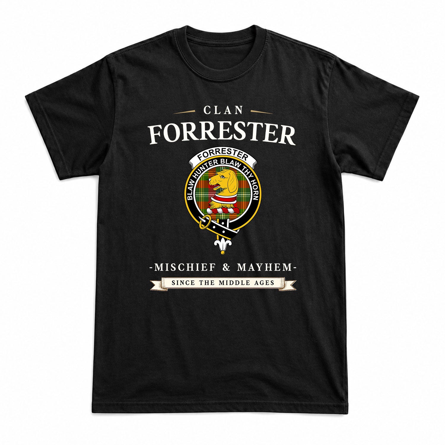 Forrester Tartan Crest Mischief and Mayhem T-shirt