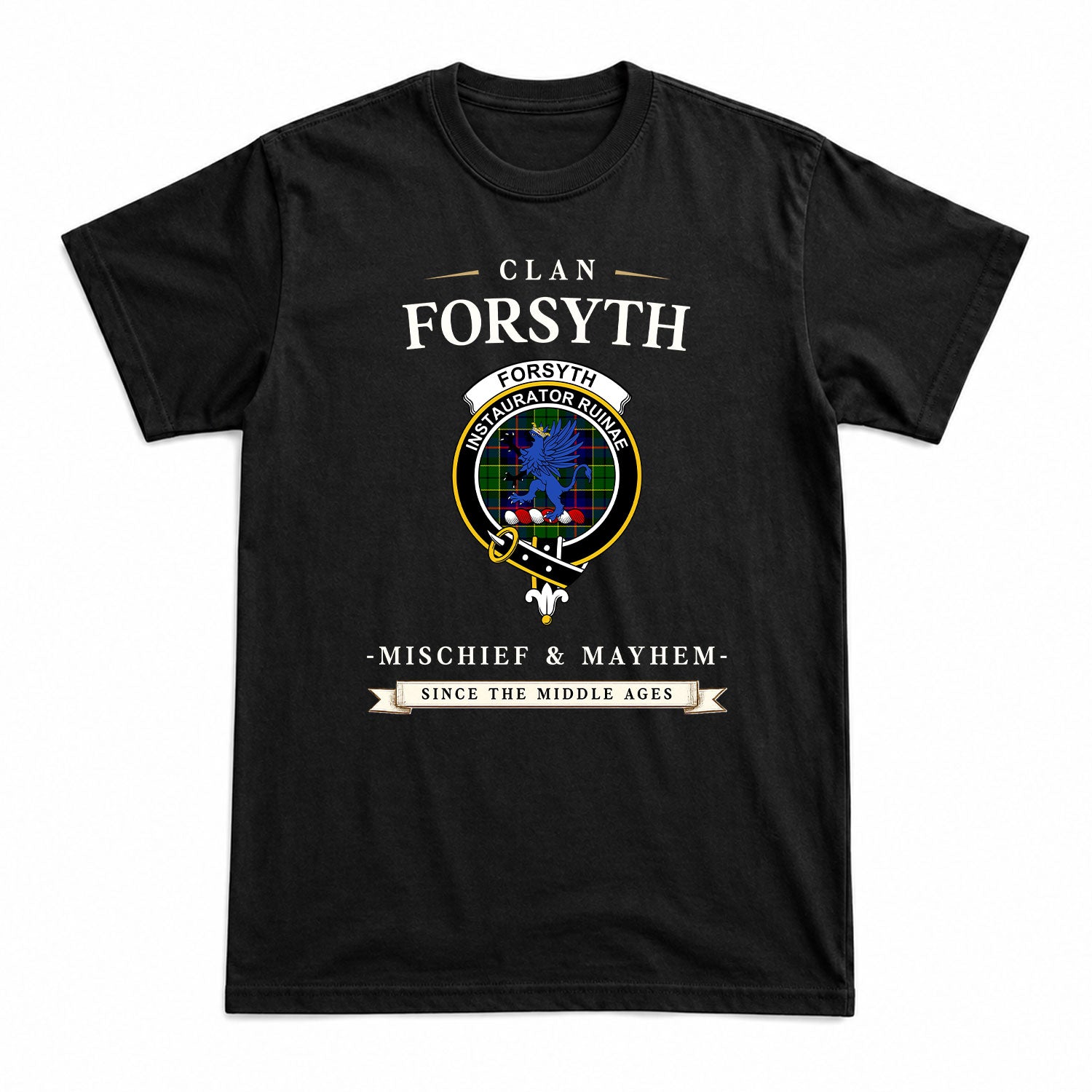 Forsyth Modern Tartan Crest Mischief and Mayhem T-shirt