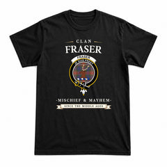 Fraser (of Lovat) Hunting Modern Tartan Crest Mischief and Mayhem T-shirt