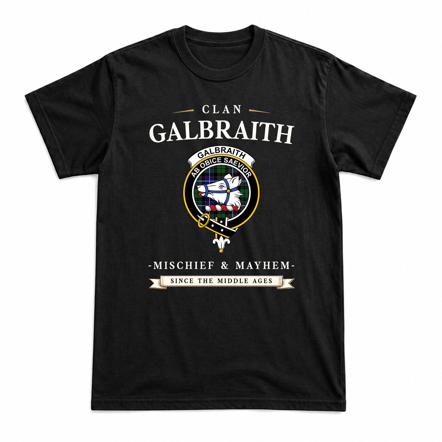 Galbraith Modern Tartan Crest Mischief and Mayhem T-shirt